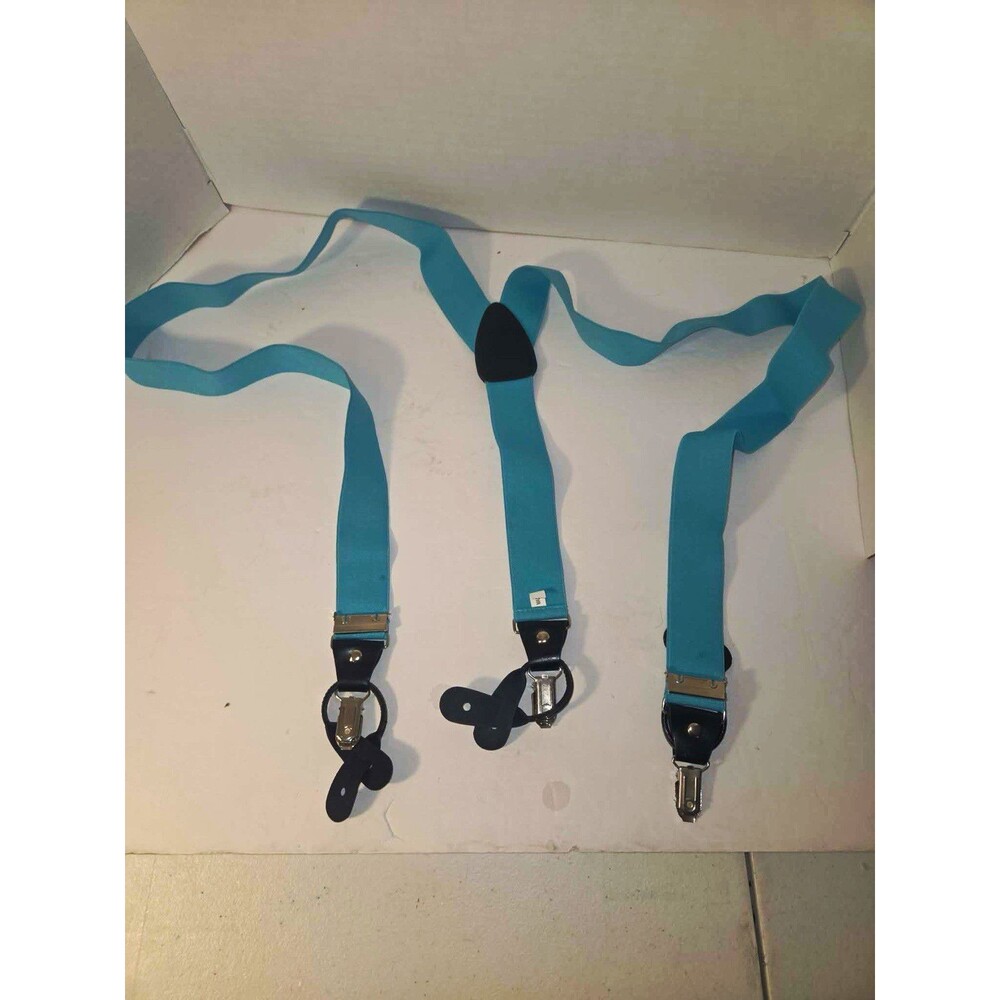 Men's Blue Y-Back Clip-On Suspenders Elastic Leather Trim Adjustable Italy